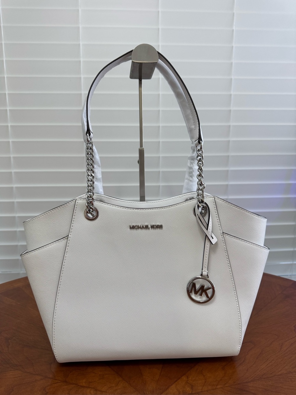 Michael Kors White Saffiano Leather Chain-Strap Shoulder Bag
